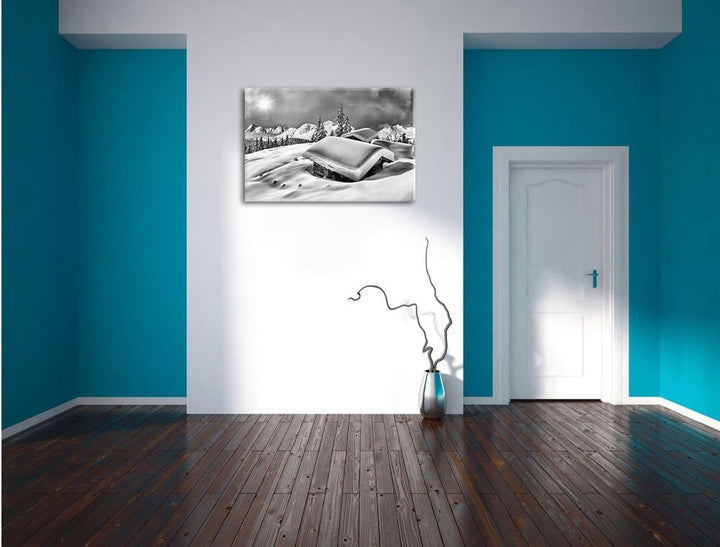 Pixxprint Berghütten Alpen / 100x70cm Leinwandbild bespannt auf Holzrahmen/Wandbild Kunstdruck Dekor