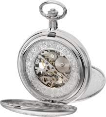 Taschenuhr Doppeldeckel Skelett mechanisch mit Kette und Etui Silber, Silber