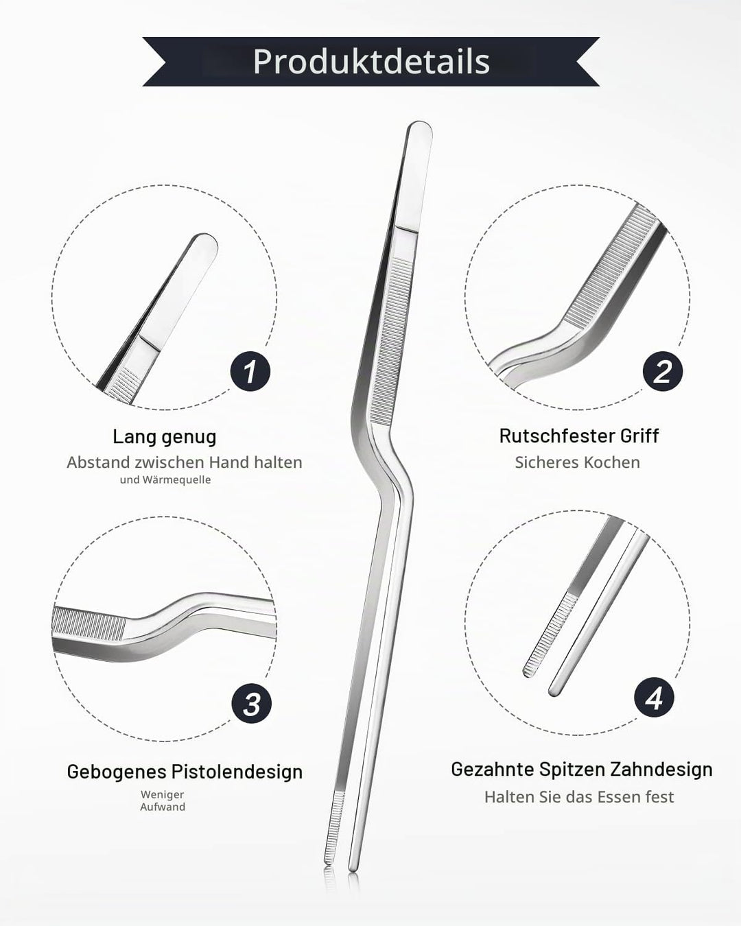 25cm Kochpinzette und Offset-Pinzette Set, Zange Präzisionsgezahnte Spitzen, Edelstahl Professional