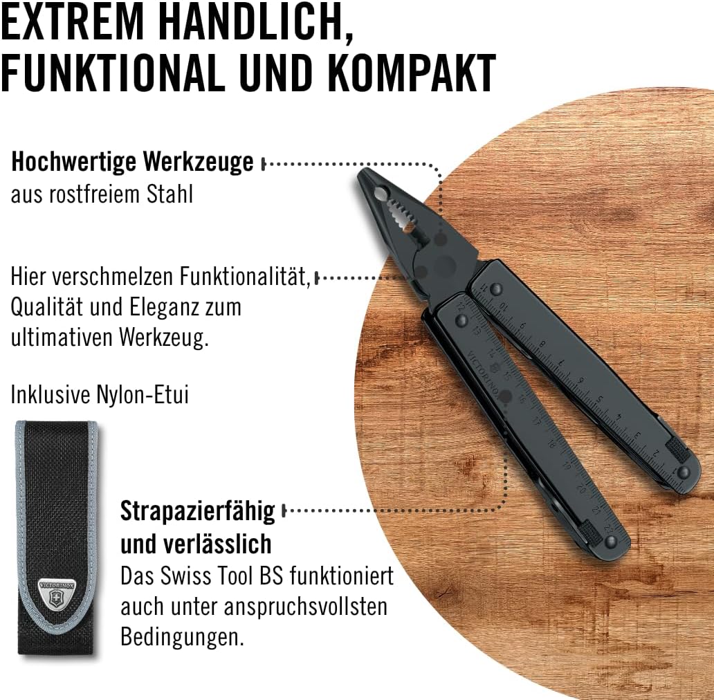 Victorinox Multifunktionstool, Swiss Tool BS mit Nylon-Gürteletui, Taschen Werkzeug, 27 Funktionen,