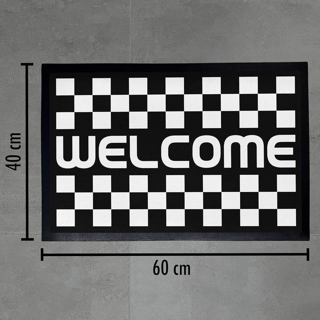 Trendation - Welcome Fussmatte Kariertes Muster Willkommen Geschenk Aussen Innenbereich 60x40 cm Sch