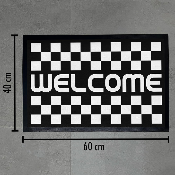Trendation - Welcome Fussmatte Kariertes Muster Willkommen Geschenk Aussen Innenbereich 60x40 cm Sch