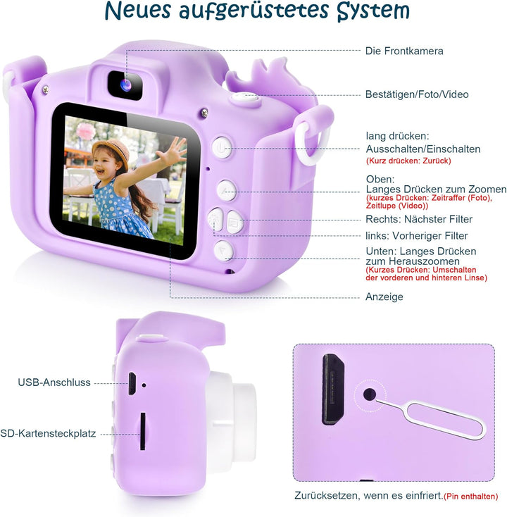ARNSSIEN Kinderkamera, Digitalkamera Kinder mit HD IPS Bildschirm, 10 Denkspiele & Vollständiger Obj