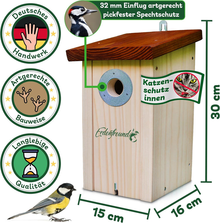 ERDENFREUND® Meisen Nistkasten 32mm Katzen-/Marderschutz innen Nistkasten für Vögel mit pickfestem S
