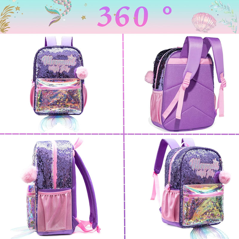 HTgroce Lila Meerjungfrau Schulrucksack Set 3 Teilig, Schultasche ab 3. Klasse, Grundschule Ranzen,