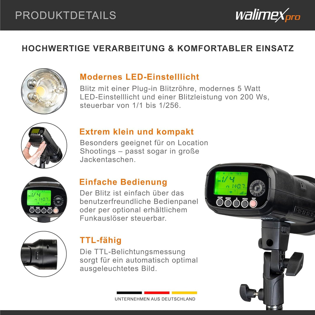Walimex Pro Studio-Akkublitz Mover 200 TTL - Kompakter Studioblitz mit 2.4GHz Empfänger, HSS Und TTL