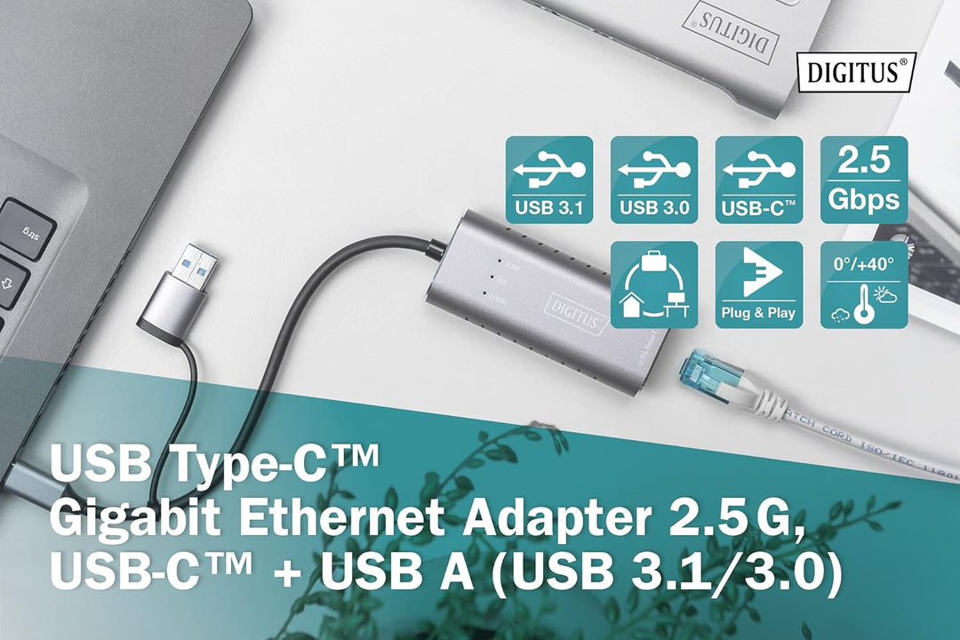 DIGITUS DN-3028 USB Type-C™ Gigabit Ethernet Adapter 2.5G, USB-C™ + USB A (USB3.1/3.0)