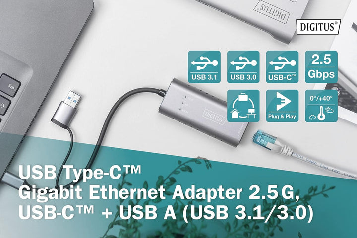 DIGITUS DN-3028 USB Type-C™ Gigabit Ethernet Adapter 2.5G, USB-C™ + USB A (USB3.1/3.0)