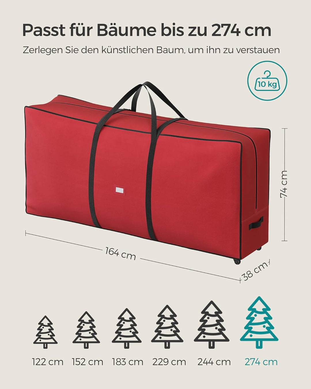 SONGMICS Aufbewahrungstasche für Weihnachtsbaum, Tragetasche auf Rollen, für Bäume bis zu 274 cm, fü