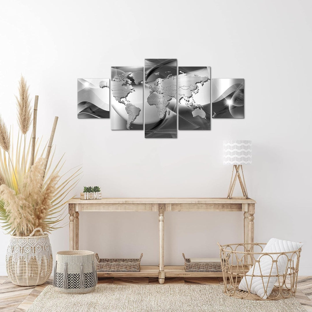 Runa Art Wandbilder Weltkarte 5 Teilig Bild auf Vlies Leinwand Deko Büro Wohnzimmer Abstrakt Schwarz