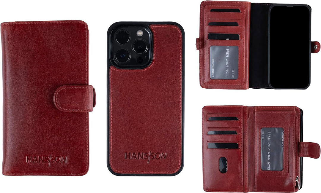 HANS/SON iPhone 13 Lederhülle mit Geldbörse | 2-in-1 Handyhülle in Rot aus Echtleder | iPhone 13 Led