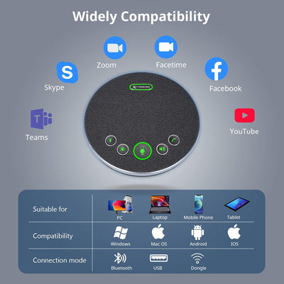 TONGVEO Bluetooth Konferenzlautsprecher,Drahtloser USB Freisprecheinrichtung 360° Sprachaufnahme mit