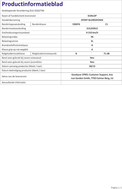 Sommerreifen DUNLOP 215/65 R15 96H SP Sport Blu Response