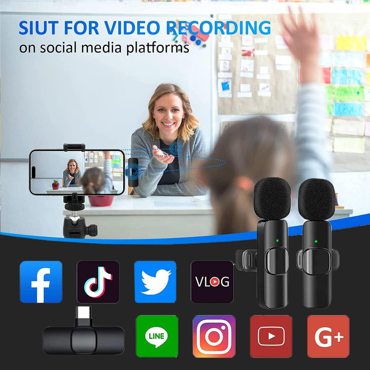Wireless Lavalier Microphone, Mini Microphone for iOS/Android, 2 Pack Plug & Play, Lavalier Micropho