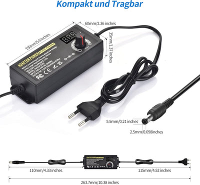 Einstellbares Netzteil 3V-24V Universal Netzteiladapter 3A 72W Verstellbarer Netzadapter AC/DC 100V-