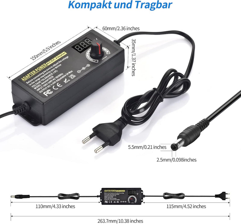 Einstellbares Netzteil 3V-24V Universal Netzteiladapter 3A 72W Verstellbarer Netzadapter AC/DC 100V-