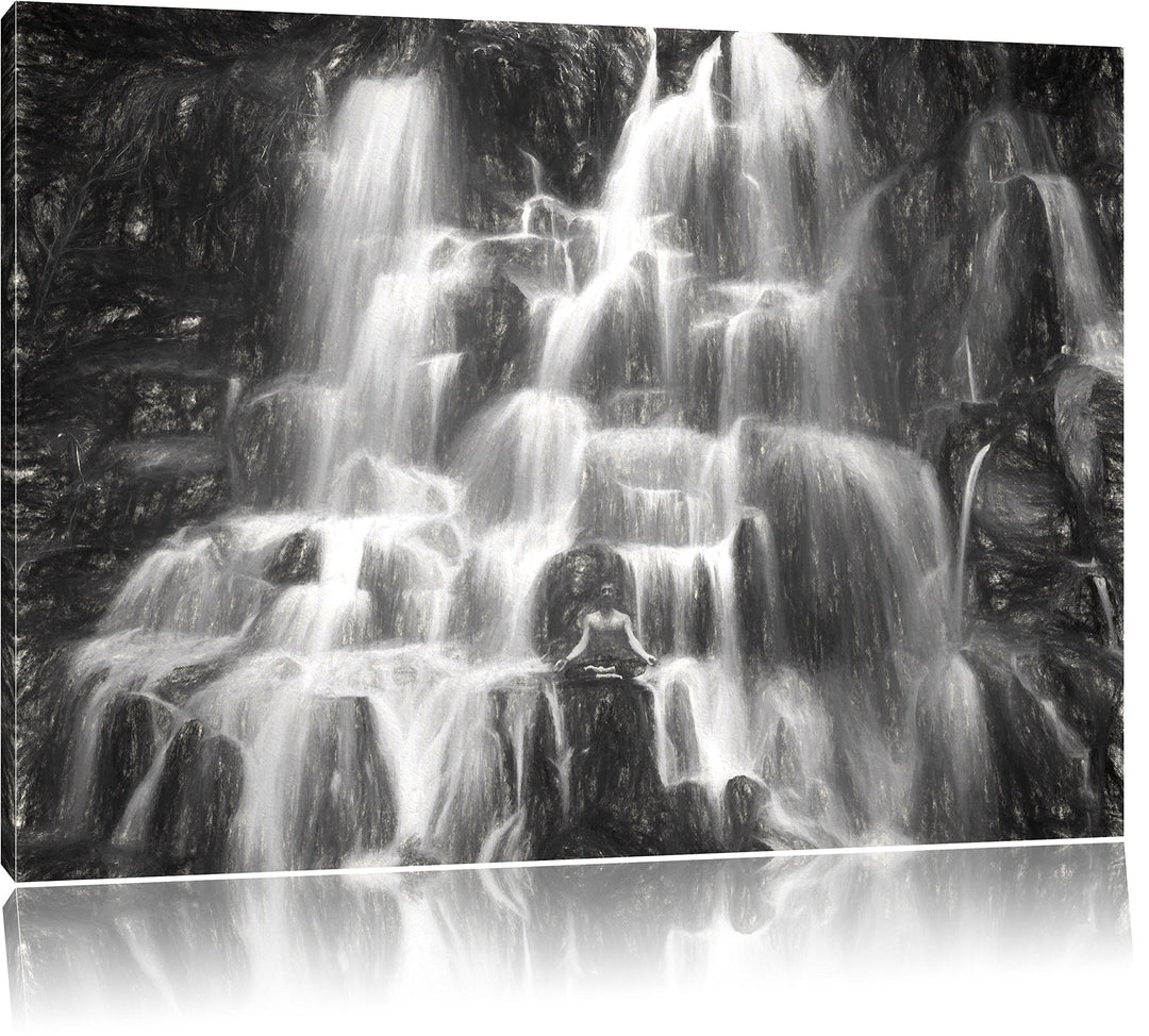 Pixxprint Yoga am Wasserfall in Bali als Leinwandbild/Grösse: 100x70 cm/Wandbild/Kunstdruck/fertig b