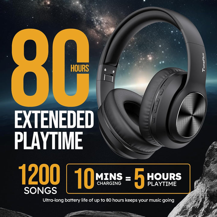 TuneFlux Bluetooth Kopfhörer Over Ear, 80 Std Akkulaufzeit, Kabellos Bluetooth Kopfhörer mit 3 EQ-Mo
