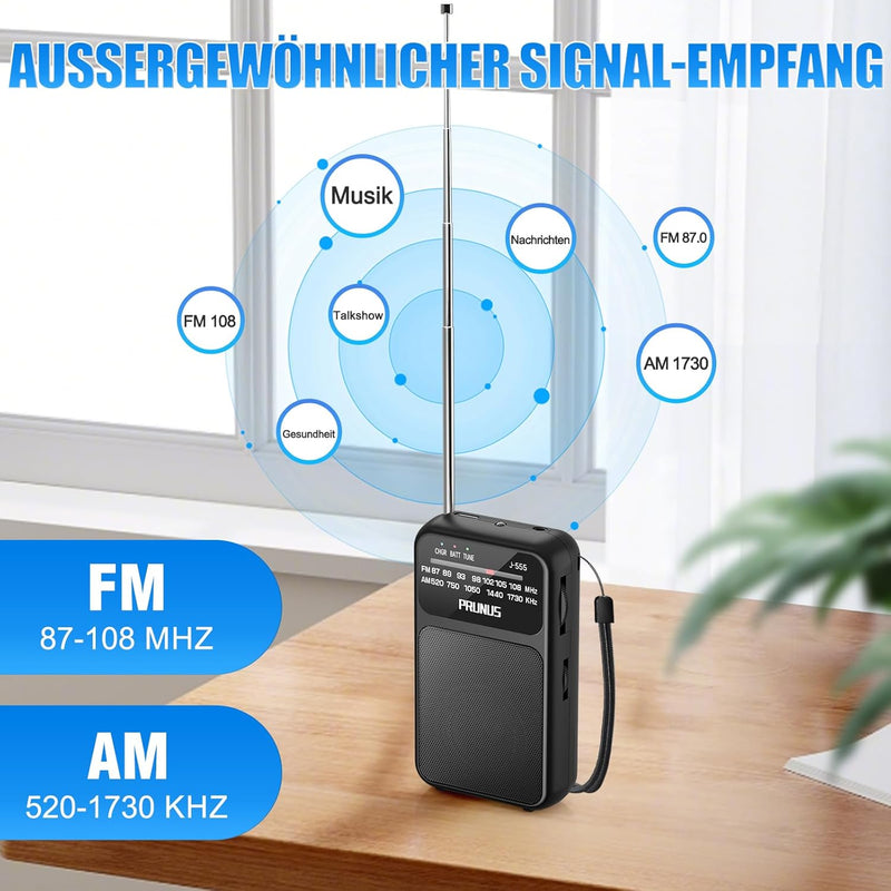 PRUNUS J-555 AM/FM/UKW Radio Klein, Kleines Radio mit Akku, USB-C-Laden, Mini Radio Batteriebetriebe