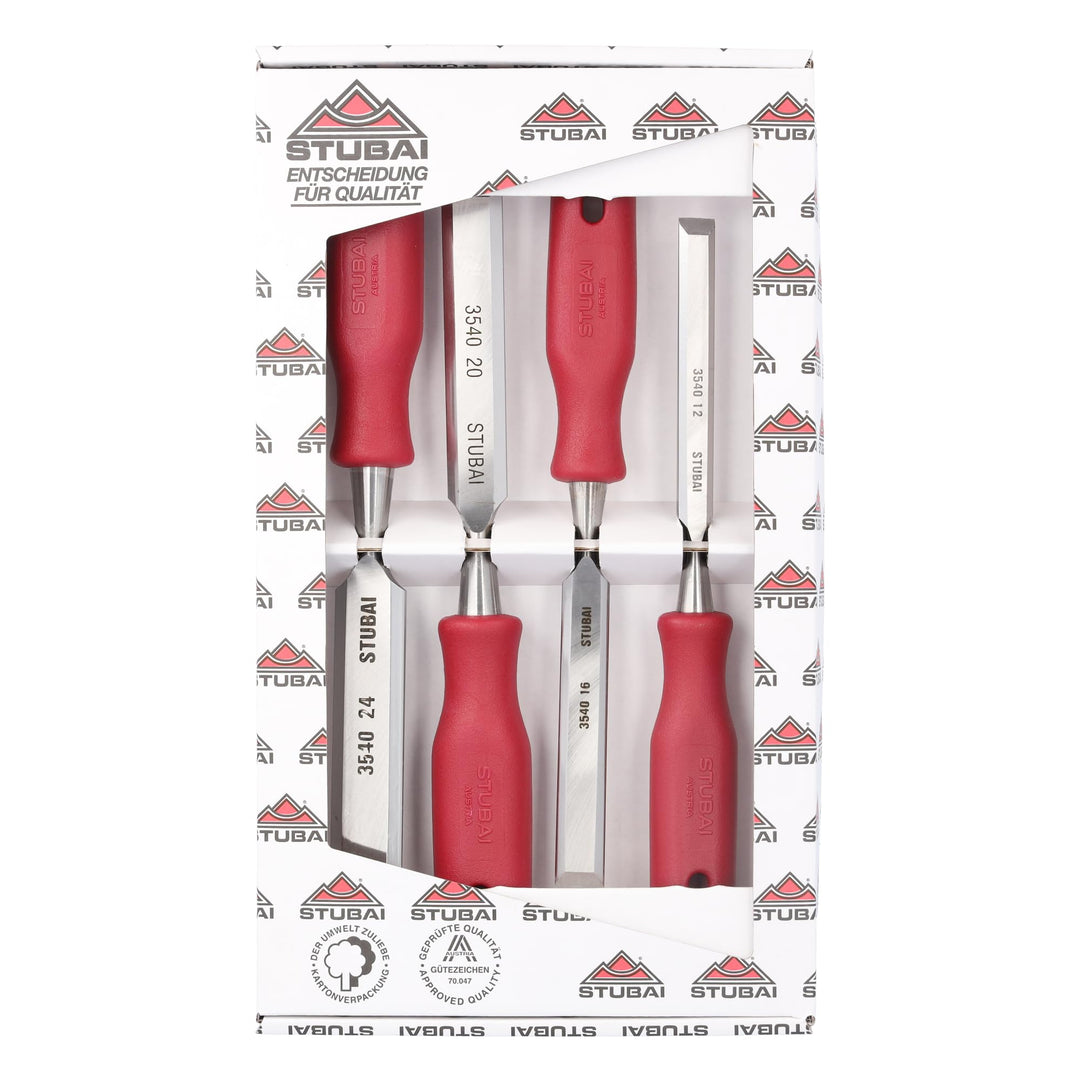 STUBAI 3540 Stemmeisensatz Stechbeitel Set mit rotem Plastikgriff &amp; extra langer Klinge, 4-teilig (1