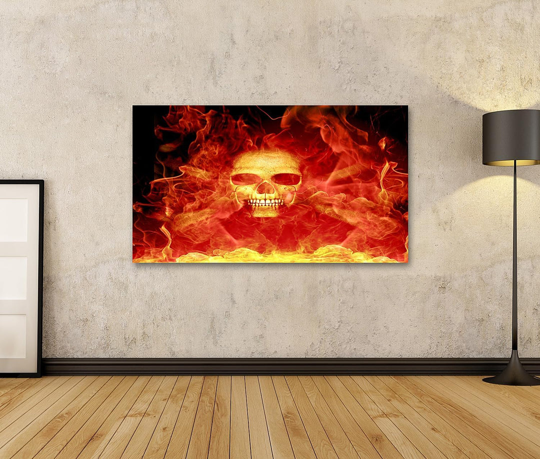 islandburner Bild auf Leinwand Schädel Mit Feuer Rote Flammen Schwarzer Hintergrund Bilder Wandbilde
