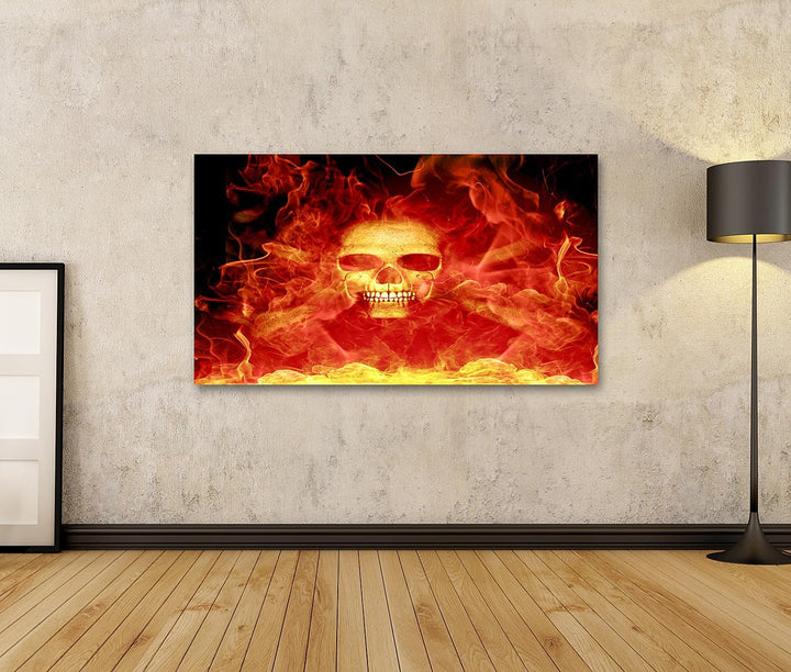 islandburner Bild auf Leinwand Schädel Mit Feuer Rote Flammen Schwarzer Hintergrund Bilder Wandbilde