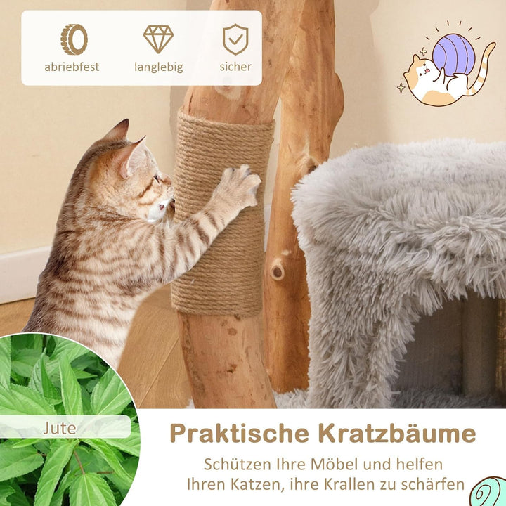 FANTASK Katzenmöbel Massivholz mit Katzenhöhle & Plüschsitzfläche & Sitzplattform, 124cm Kletterbaum