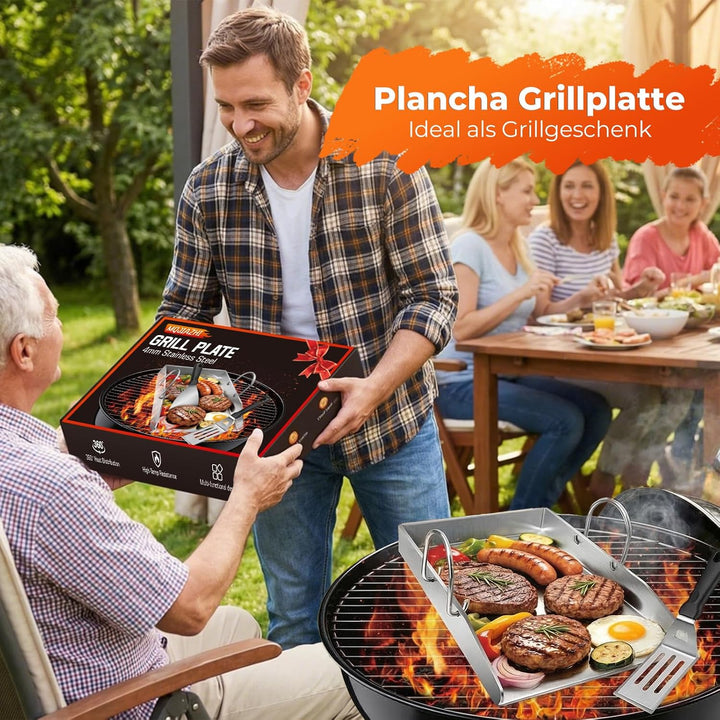 Plancha Grillplatte 40 x 30 cm, 4mm Edelstahl Platte hitzebeständig &amp; verformungsfrei, mit Grillspac