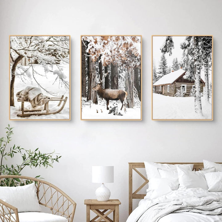 TROYSINC 3er Premium Poster Set, Winter Bilder, Elch, Holzhaus, Wald Wandkunst Wandbilder, Leinwand
