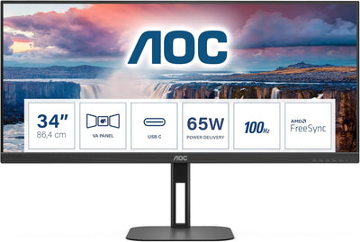 AOC U34V5C - 34 Zoll WQHD Monitor, Lautsprecher, höhenverstellbar (3440x1440, 100 Hz, DisplayPort, H