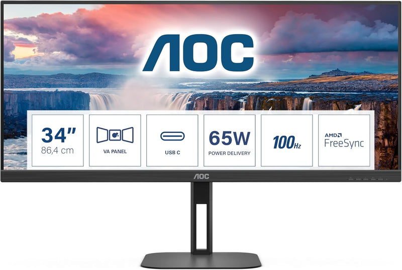 AOC U34V5C - 34 Zoll WQHD Monitor, Lautsprecher, höhenverstellbar (3440x1440, 100 Hz, DisplayPort, H