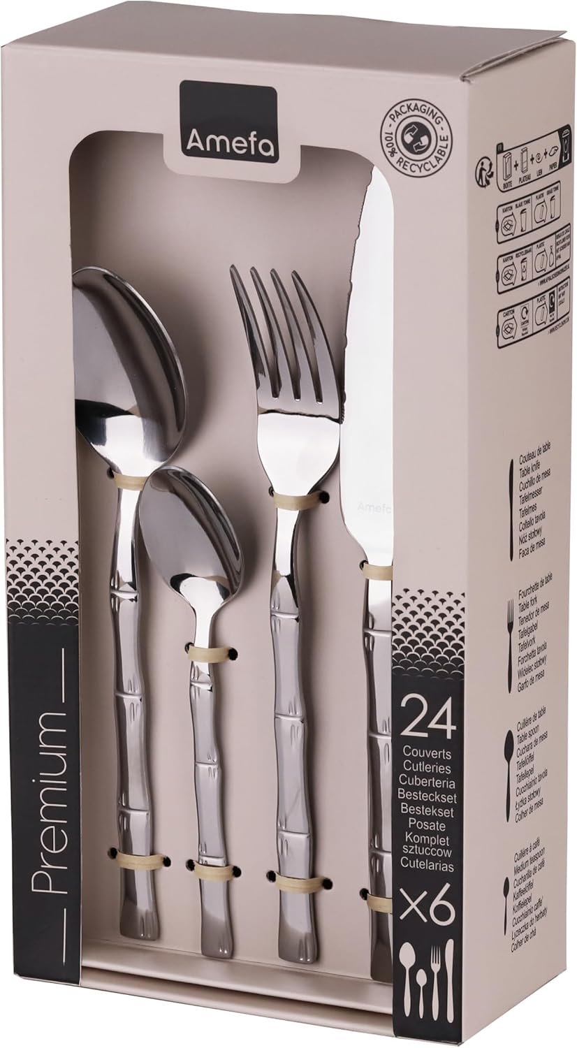 Amefa Karma Besteck Set | rundes Griffdesign mit Bambusdekor | 24-teilig | Essbesteck für 6 Personen