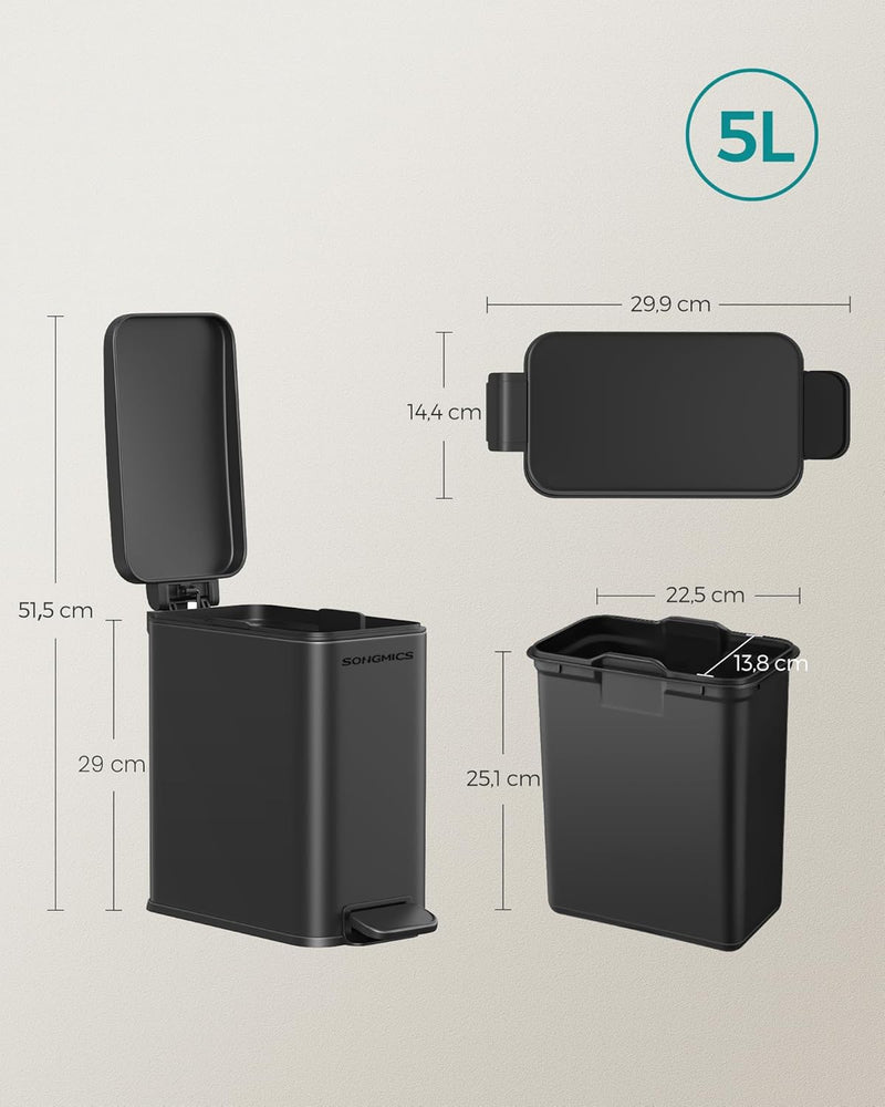 SONGMICS Kosmetikeimer, 5 Liter, Mülleimer Bad, mit Deckel, Tretmülleimer, Abfalleimer klein, schmal