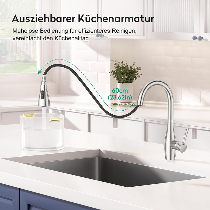 CREA Wasserhahn Küche mit 3 Funktionen Brause, Küchenarmatur mit Ausziehbarer Brause, 360° Drehbar M