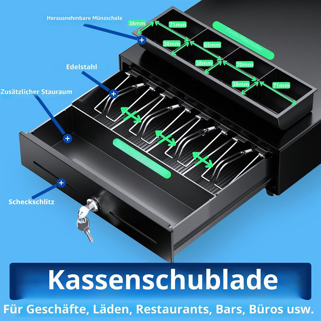 Automatische Kassenschublade 33x33cm, 4 Geldschein-/8 Münzfächer, RJ11/Schlüssel-Öffnung, Ideal für