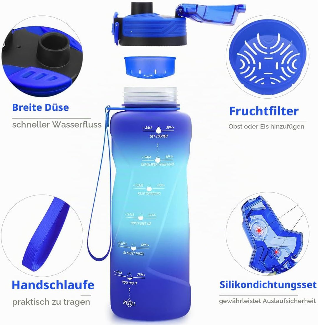 Sport Trinkflasche 2l, 1,5l, 1l, 700ml, 500ml Trinkflasche Kinder Auslaufsicher, Motivierende Wasser