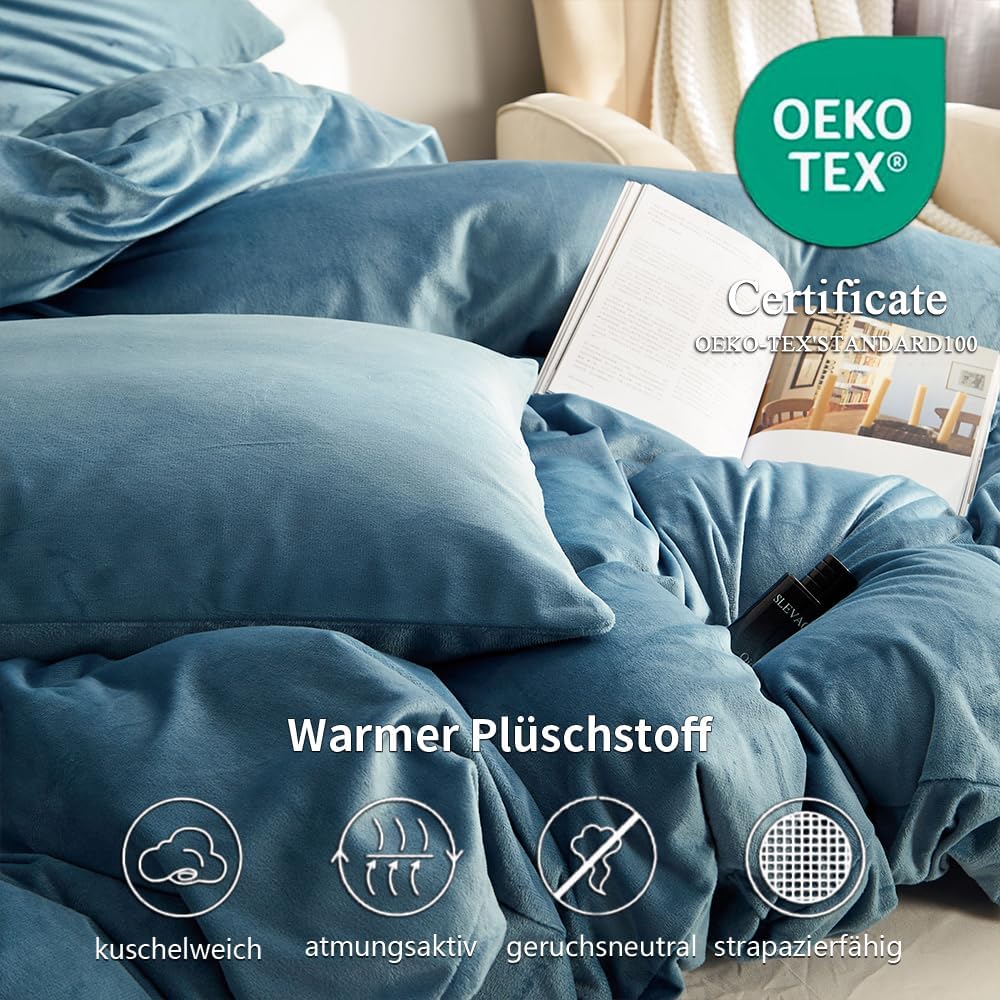 Freyamy Samt Biber Warme Bettwäsche 135x200cm Blau Flauschige Flanell Winterbettwäsche Coral Fleece