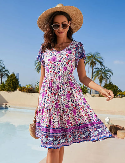 Damen Sommerkleider Knielang V-Ausschnitt Boho Kleid Kurzarm A Linie Tunika Strandkleider Sommer Ele