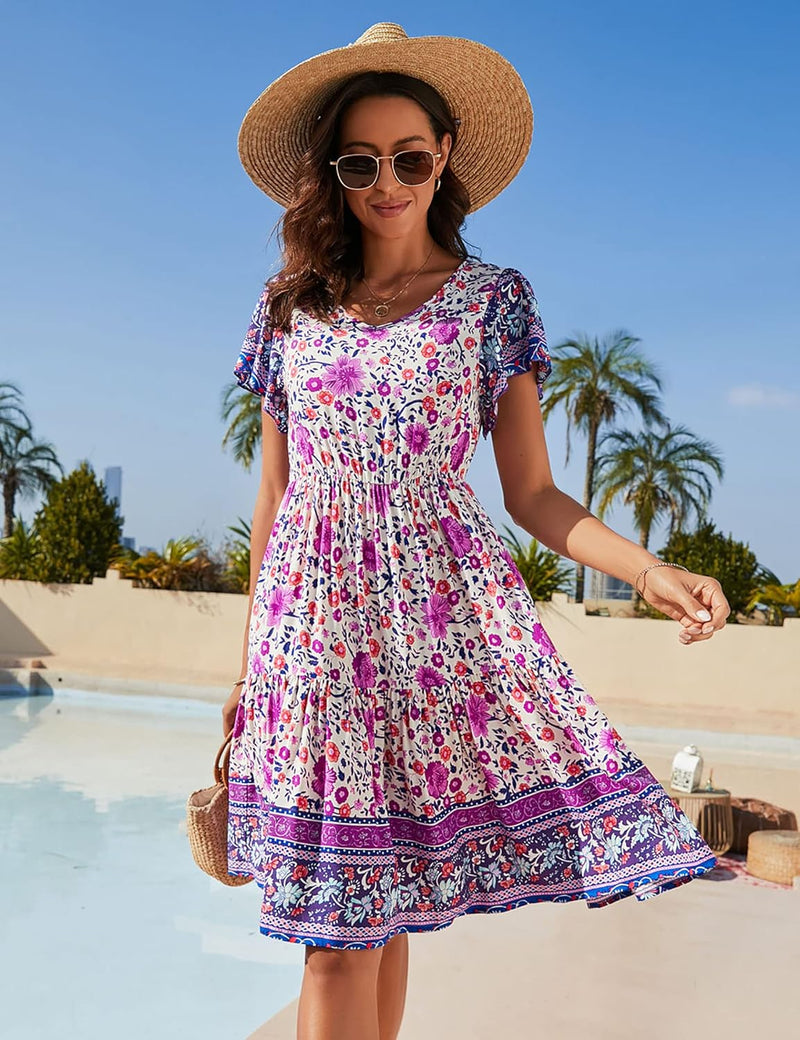 Damen Sommerkleider Knielang V-Ausschnitt Boho Kleid Kurzarm A Linie Tunika Strandkleider Sommer Ele