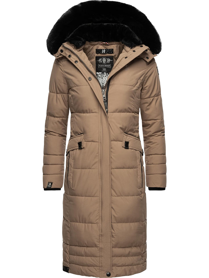 Navahoo Damen Wintermantel Warmer Steppmantel lang mit Abnehmbarer Kapuze Fahmiyaa XS-3XL M Taupe Gr