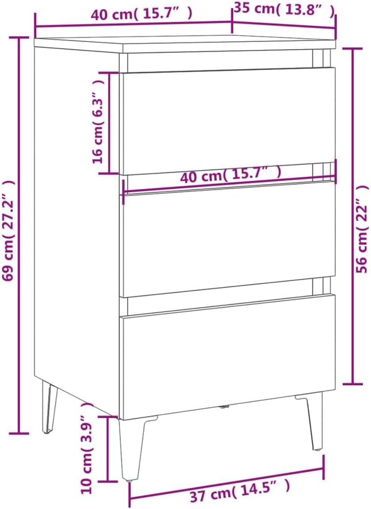 vidaXL Nachttisch mit Metallbeinen 3 Schubladen Nachtschrank Nachtkonsole Nachtkommode Schlafzimmer