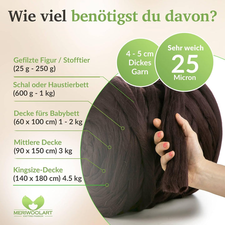 MeriWoolArt® 100% XXL Merino Wolle Garn 4-5cm Dicke Wolle Garn, Filzwolle Trockenfilzen Nassfilzen,