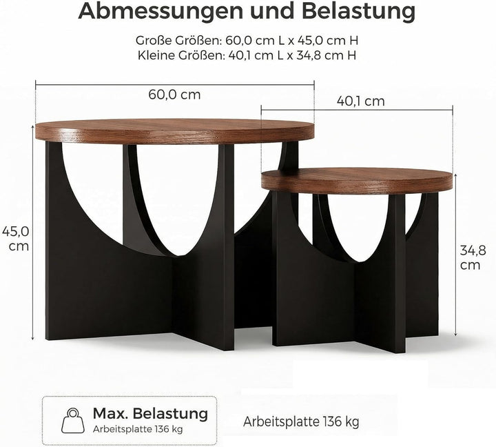 IRONCK Nestingtisch Set aus 2, Couchtisch rund, Moderner Couchtisch aus Holz für Wohnzimmer & Schlaf