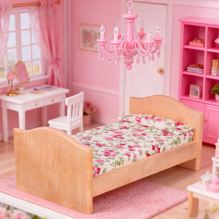Kisangel 1 Set 1:12 Skala Mini-holzpuppenbett mit Rosenmuster Bettwäsche - Puppenhausmöbel für Puppe