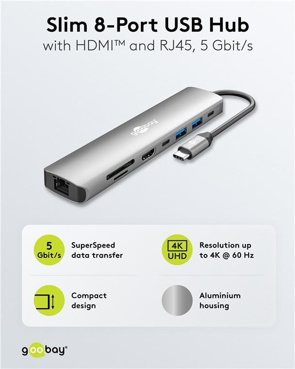 goobay USB-C Slim Hub 8-in-1 Dockingstation mit USB-C, 5Gbit/s, HDMI 4K 60 Hz, RJ45-1 Gbit/s, 2x USB