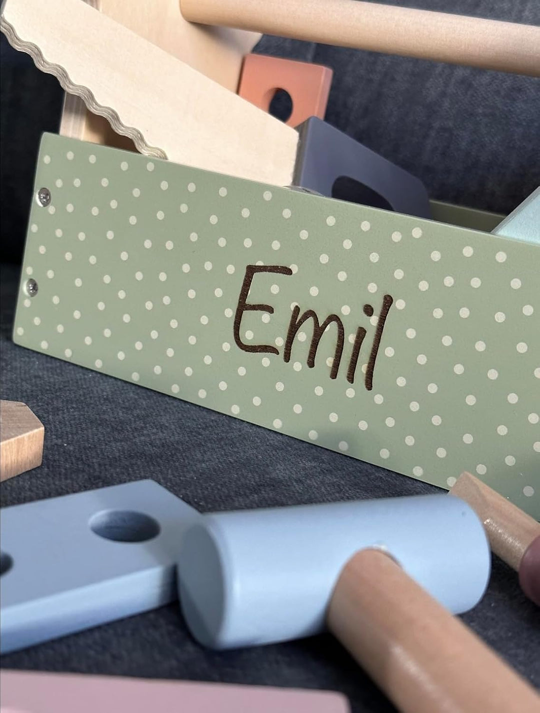 Personalisierter Werkzeugkasten aus Holz – Teddy-Design – Lernspielzeug mit Gravur – Perfekt zum 1.