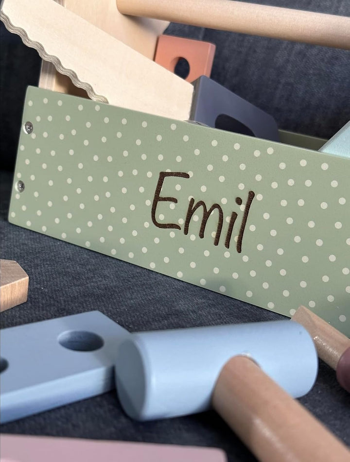 Personalisierter Werkzeugkasten aus Holz – Teddy-Design – Lernspielzeug mit Gravur – Perfekt zum 1.