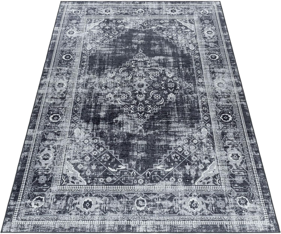Waschbarer Teppich, Didigitaldruck Orientteppiche, Rechteckig, Schwarz - Grau - Weiss Farbe, Flachge