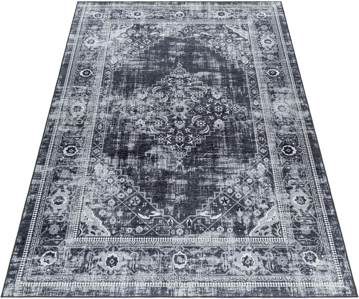 Waschbarer Teppich, Didigitaldruck Orientteppiche, Rechteckig, Schwarz - Grau - Weiss Farbe, Flachge