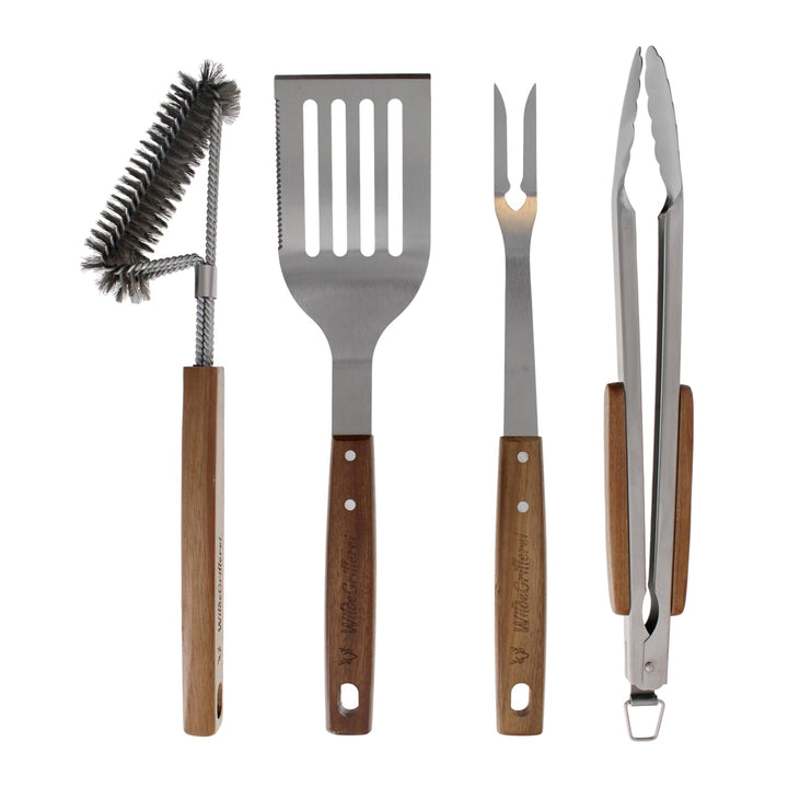 Grillbesteck Set 4-teilig aus Edelstahl Grill-Set 42 cm mit Holzgriffen und Aufhänge-Ösen Grillzubeh